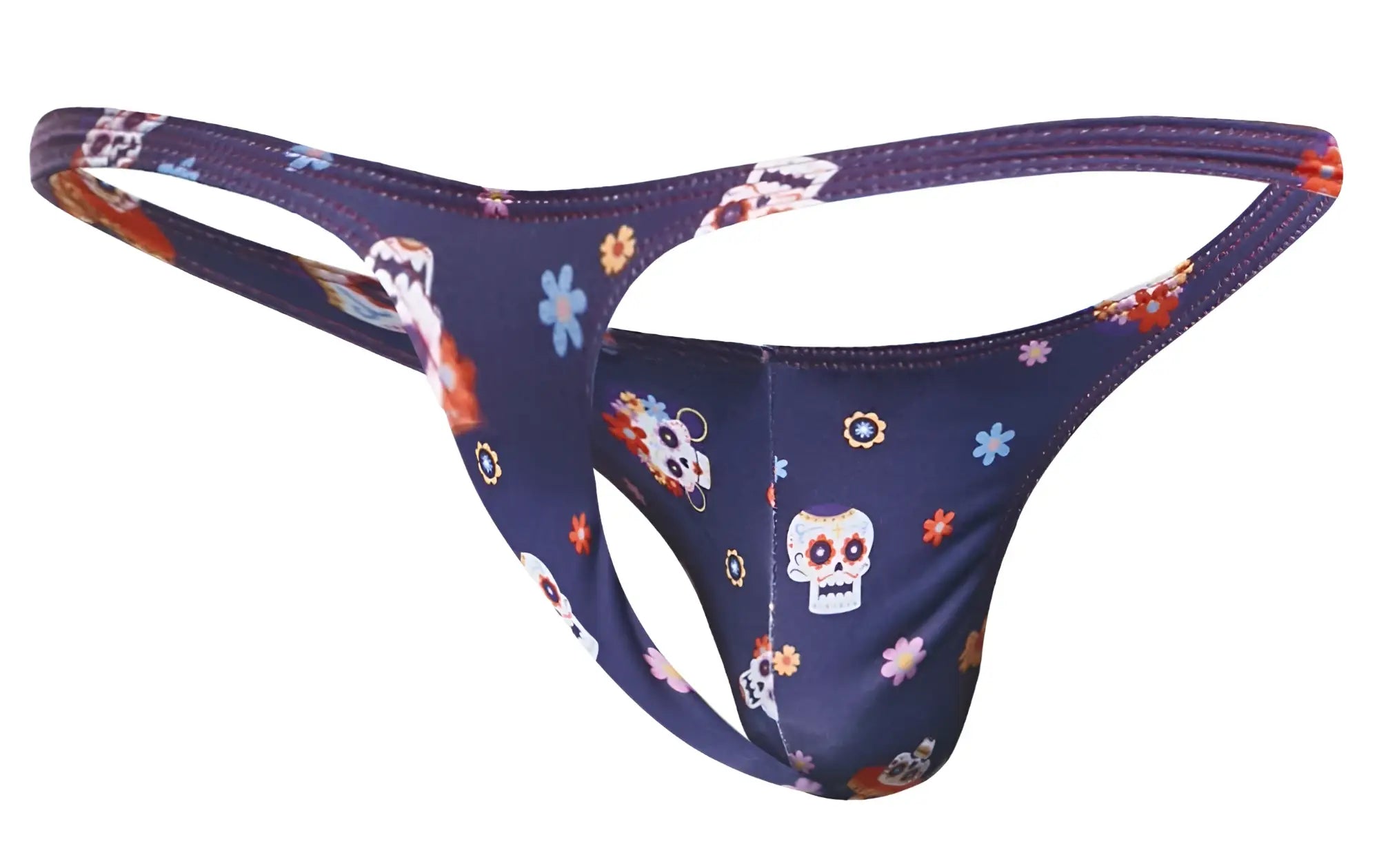 Navy blue classic thong by justin simon featuring vibrant colorful sugar skull and floral pattern from color mexico
