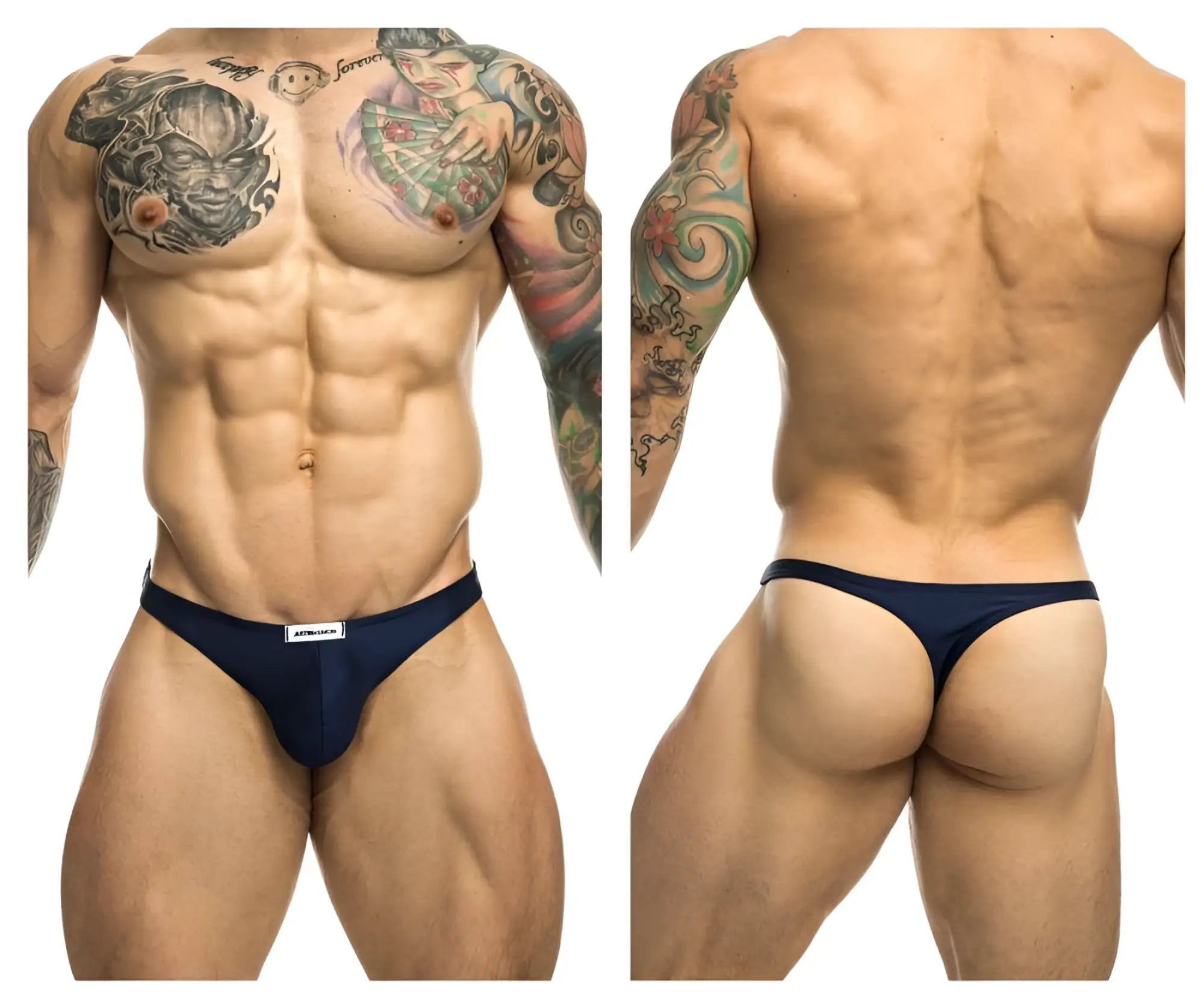 Navy blue athletic briefs with a white waistband label from JUSTIN SIMON XSJ03 classic thongs collection