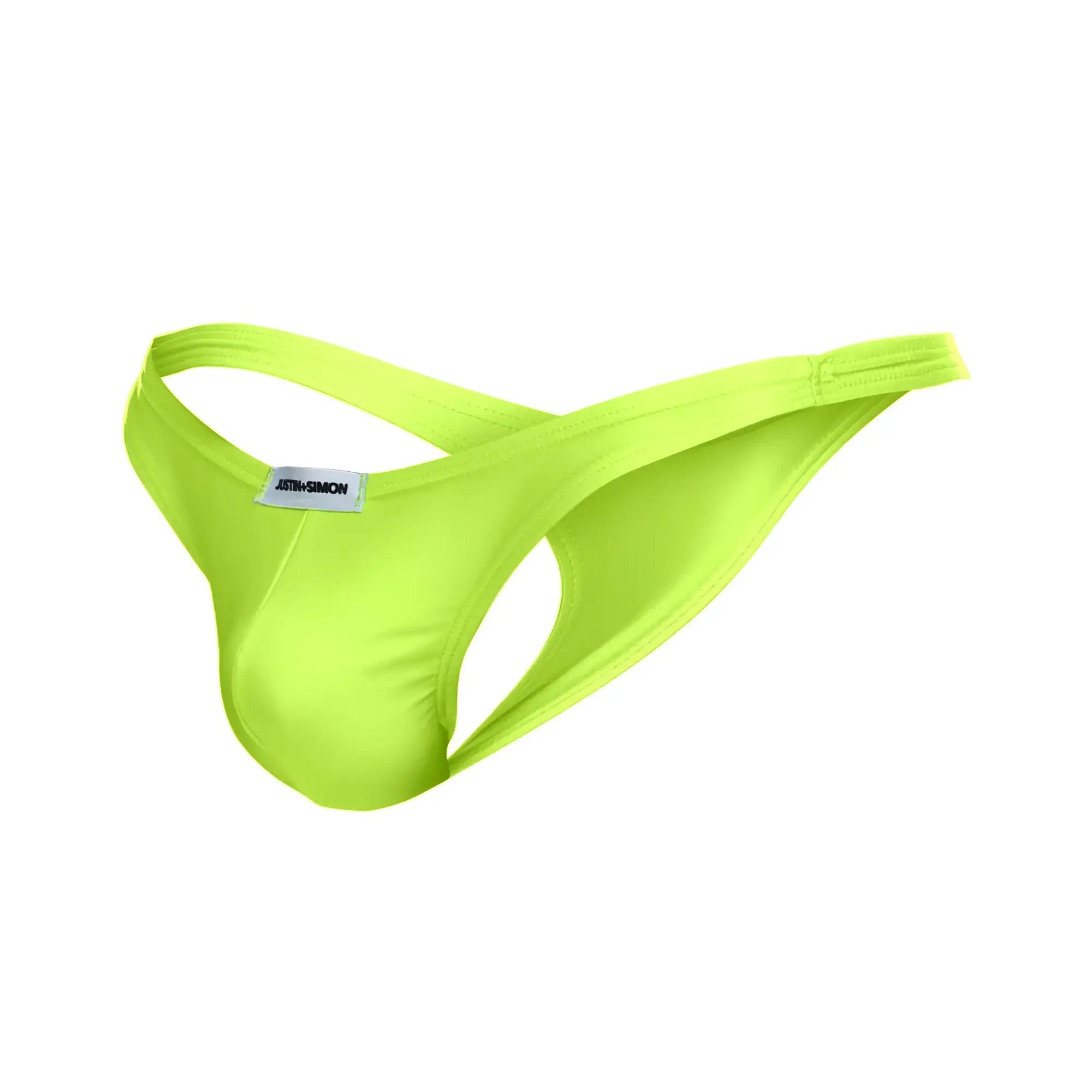 Bright neon green justin simon xsj03 classic thong made of smooth stretchy fabric with minimalist design and small brand tag