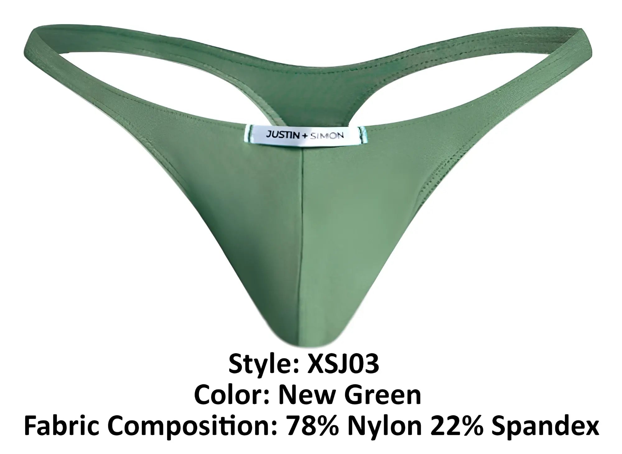 Olive green justin simon classic thong in sleek form fitting design made from 78 nylon 22 spandex fabric