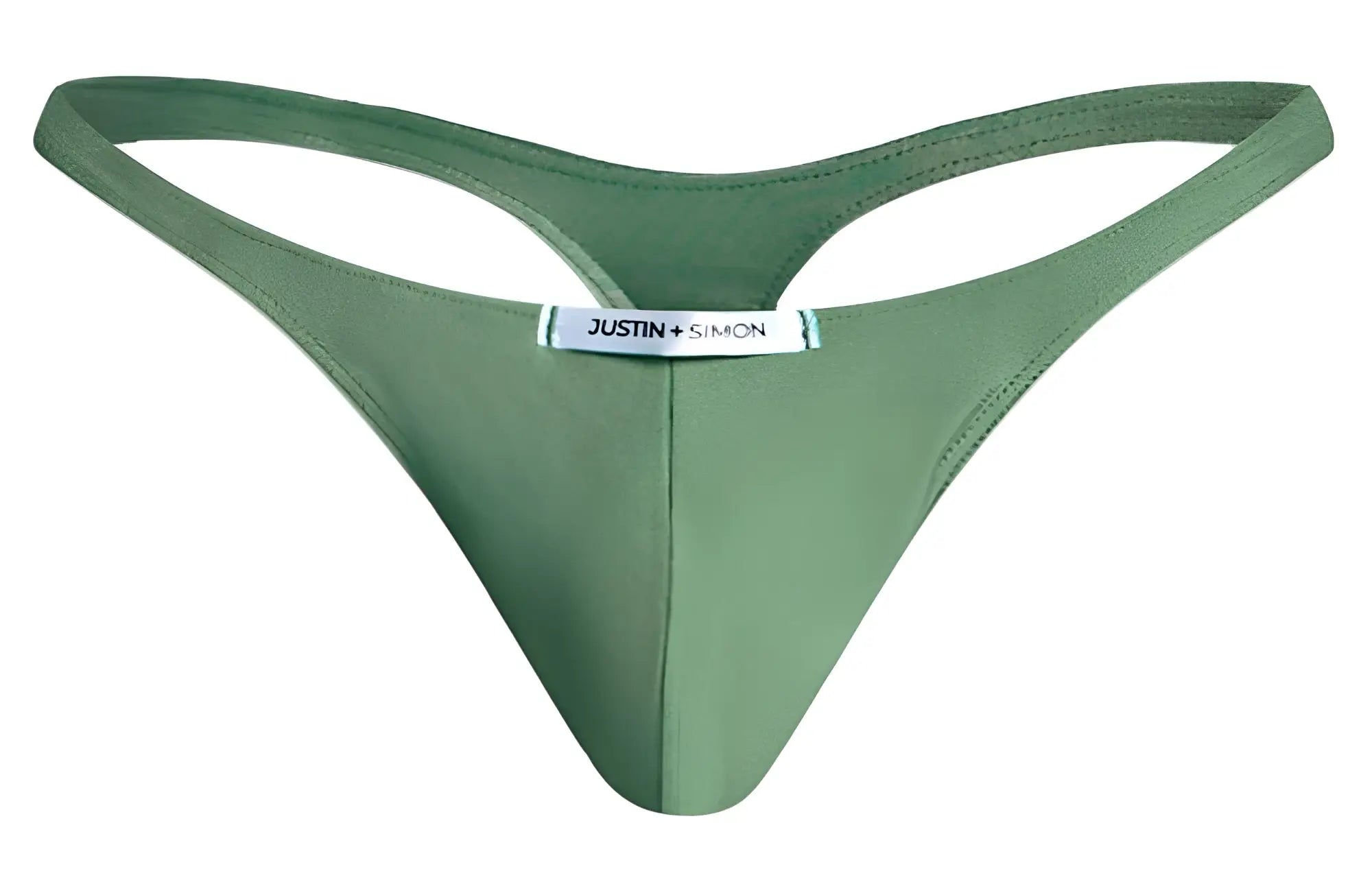 Olive green justin simon xsj03 classic thong made of smooth stretchy fabric with minimalist design and back brand label