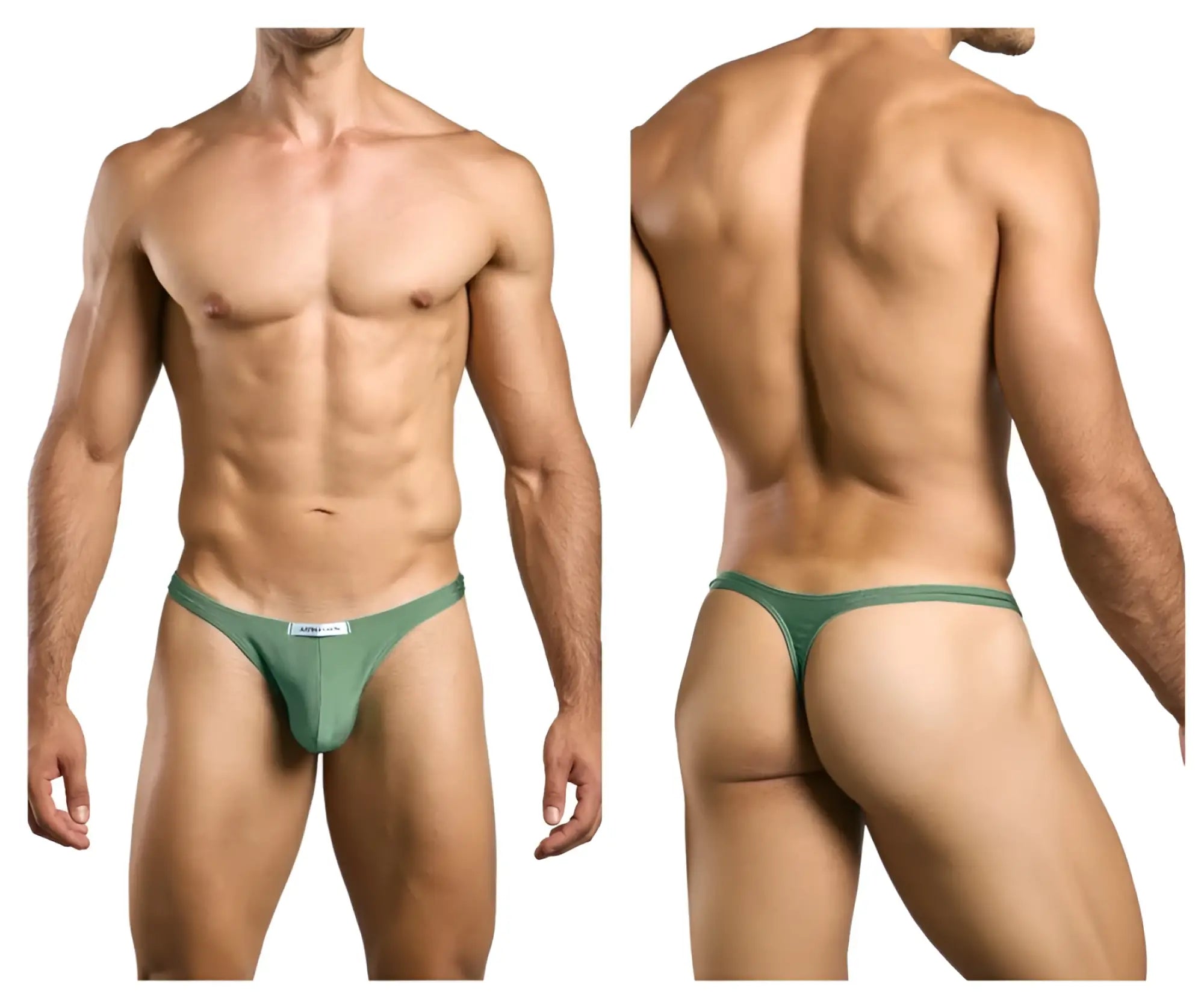 Green form-fitting classic thong by justin simon with a small white label at the front in new green color