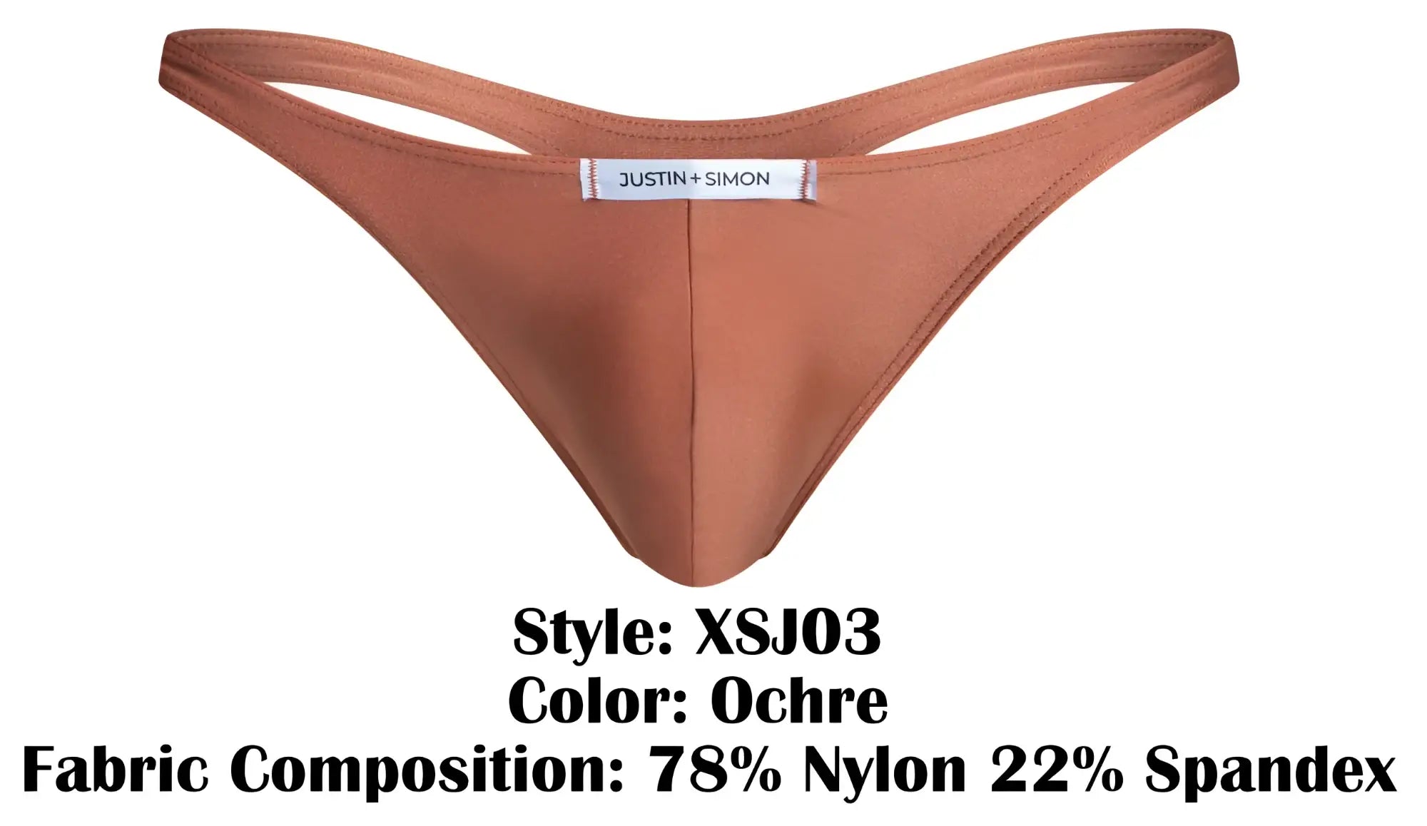 Ochre-colored thong by justin simon made of 78% nylon 22% spandex classic xsj03 style shown from the back side