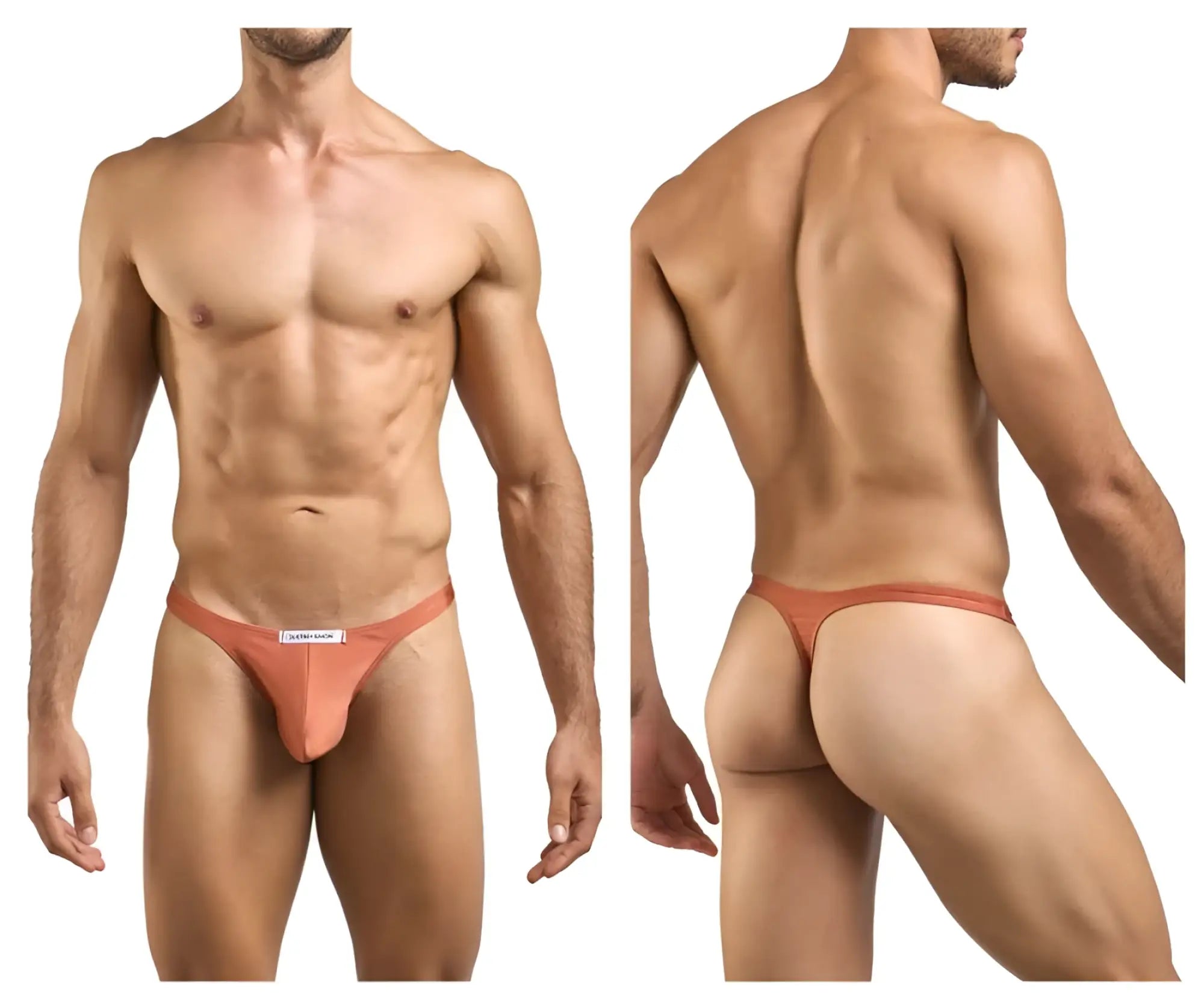 A sleek peach-colored ochre thong by JUSTIN SIMON with smooth fabric minimalist design and small white front label