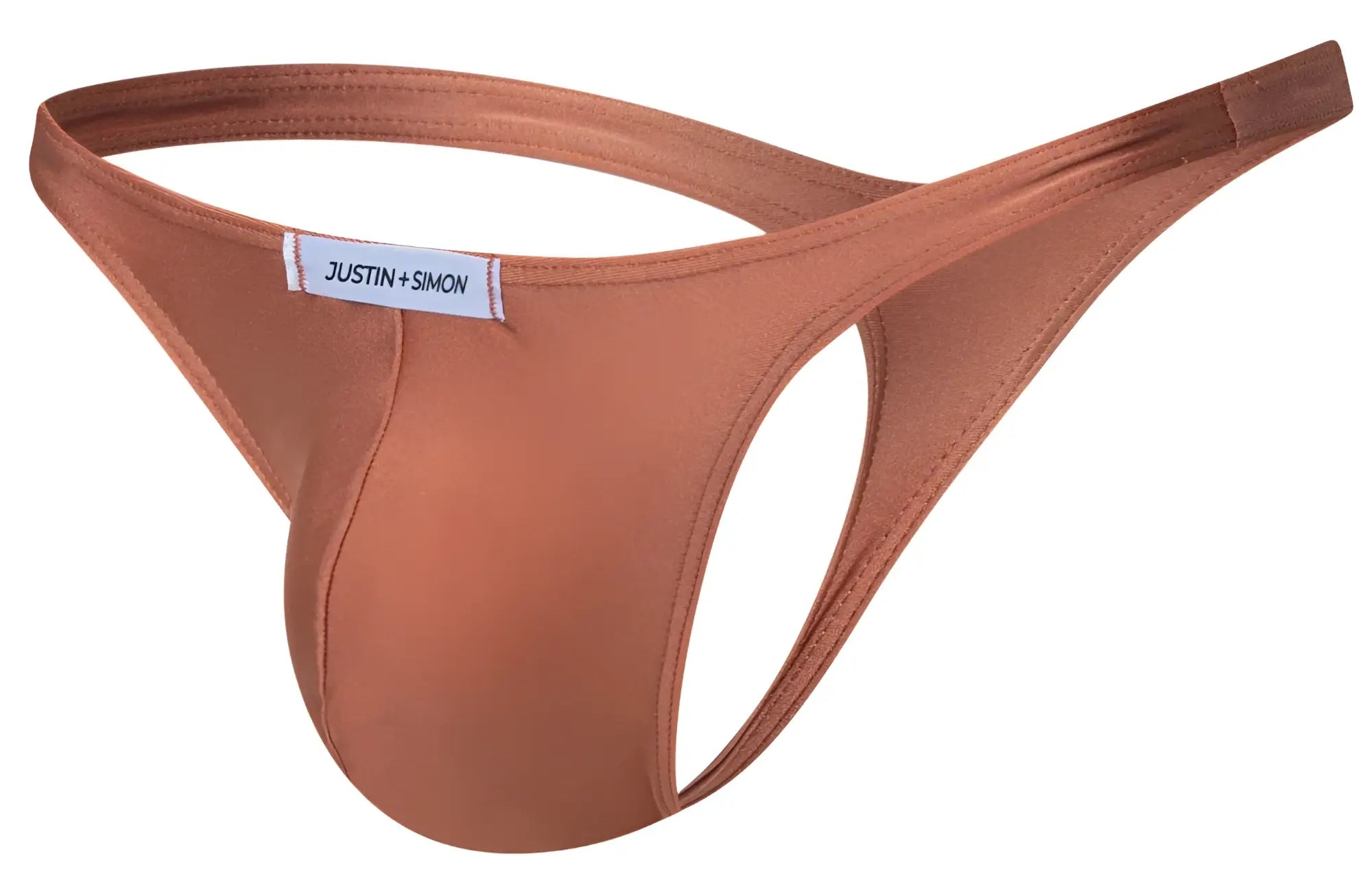 A sleek rust-colored thong by JUSTIN SIMON made of smooth stretchy fabric with a minimalist design and branded label