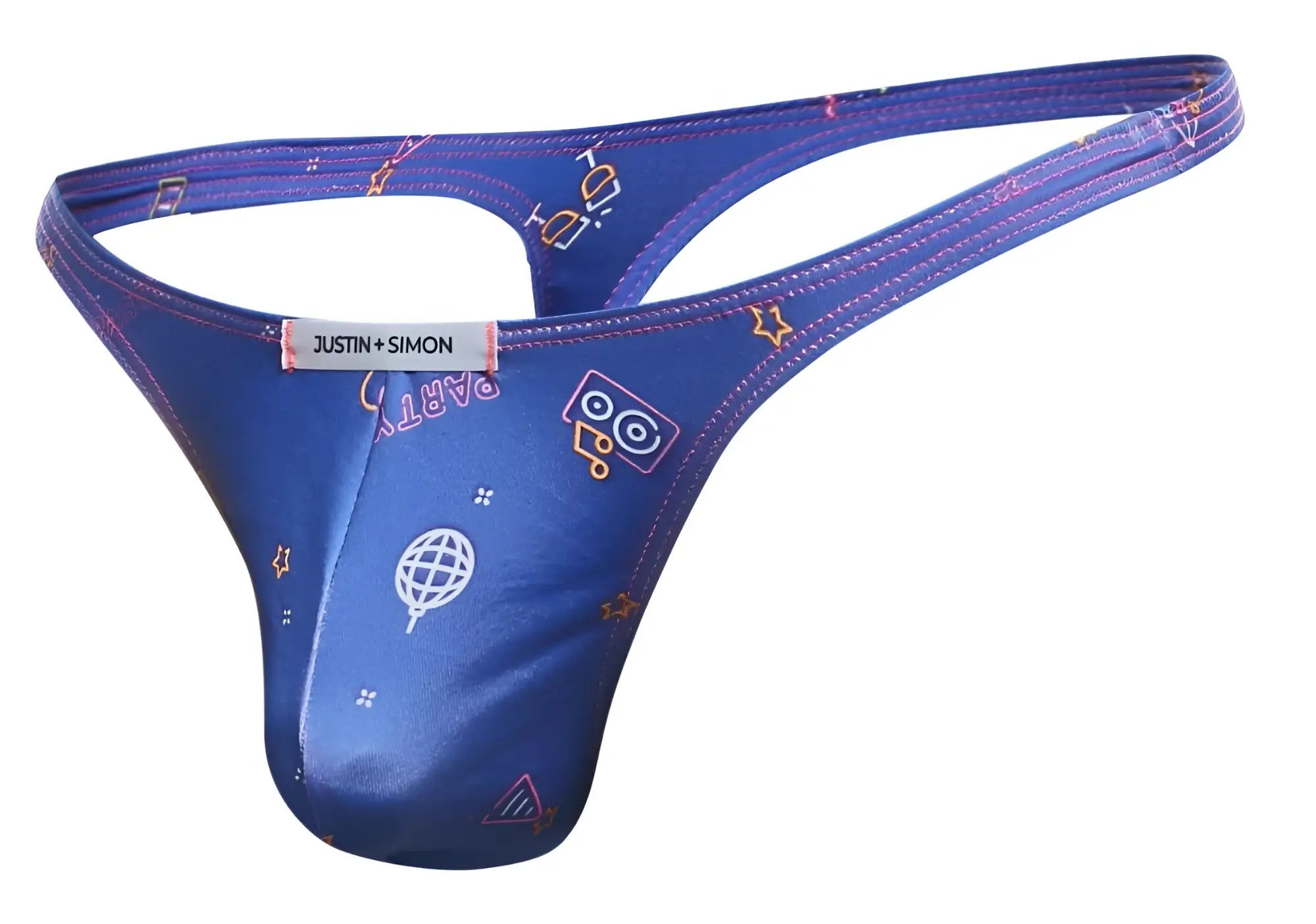 Blue justin simon thong with shiny satin finish and playful white yellow pink party-themed graphics