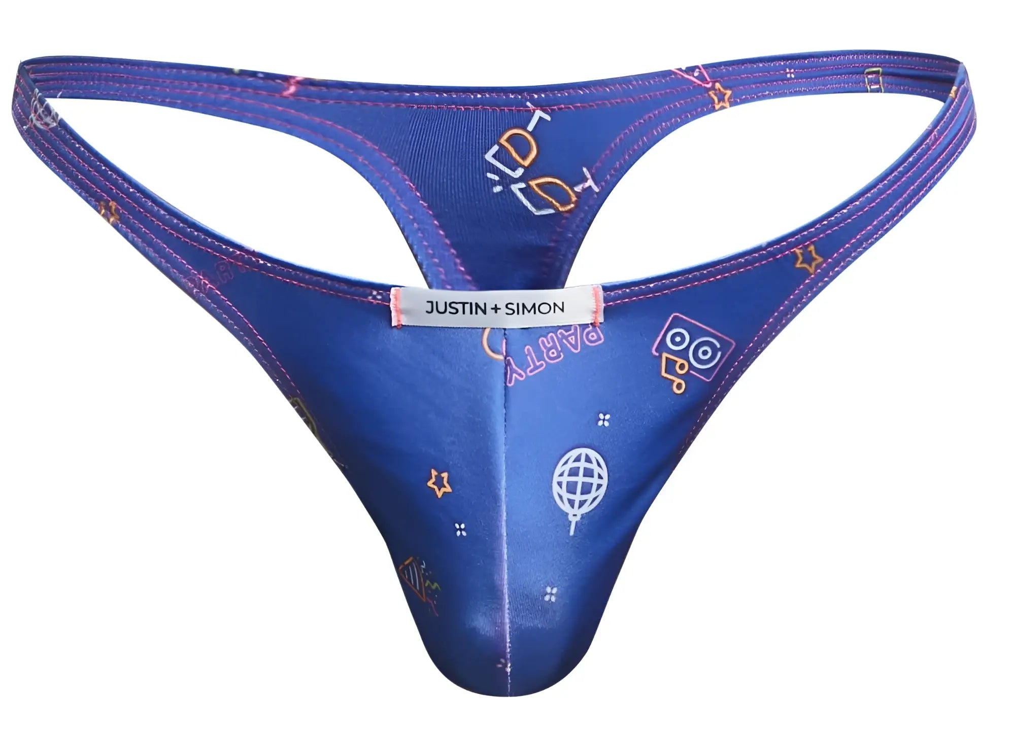 Blue justin+simon xsj03 classic thong with playful pink yellow and white party-themed icons pattern
