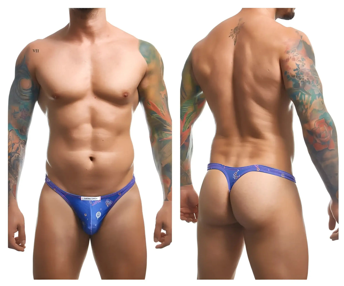 Blue patterned men’s thong with small white logo on front from justin simon xsj03 classic thongs color party collection