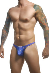 Blue patterned men’s thong with small white label on waistband from justin simon xsj03 classic thongs color party collection
