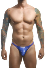 Blue patterned men’s briefs with white waistband label from justin simon xsj03 classic thongs color party collection
