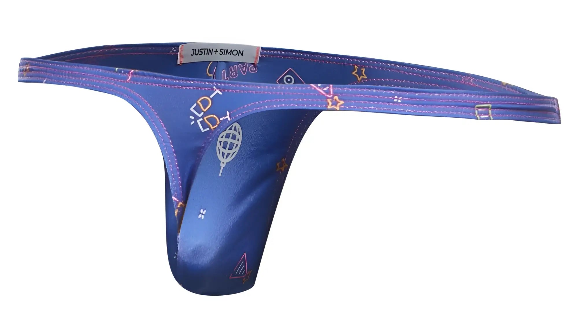 Blue satin thong from JUSTIN+SIMON XSJ03 classic thongs color party with pink and white stars geometric shapes and globe design