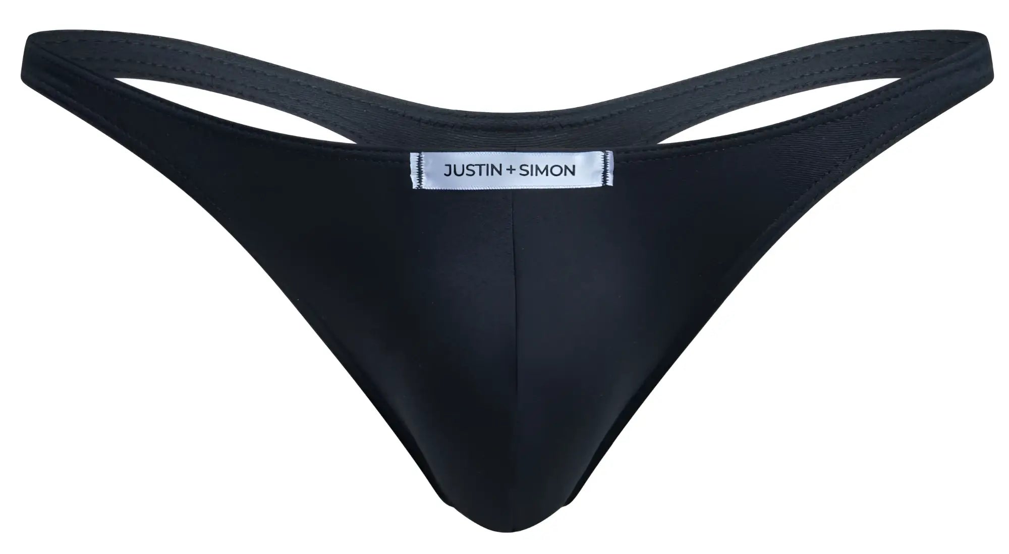 Black justin simon xsj03 classic thong in sleek smooth fabric with minimalist design shown from the back side