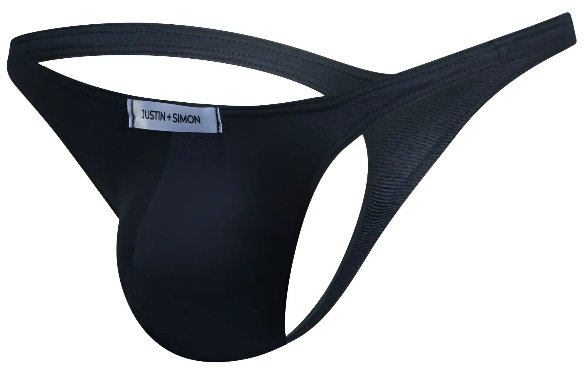 Black justin simon thong with smooth form-fitting design and reinforced stitching from the justin simon xsj03 classic thong line