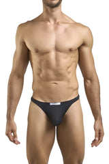 Black form-fitting briefs with a white brand label on the waistband from justin simon xsj03 classic thongs peach black collection