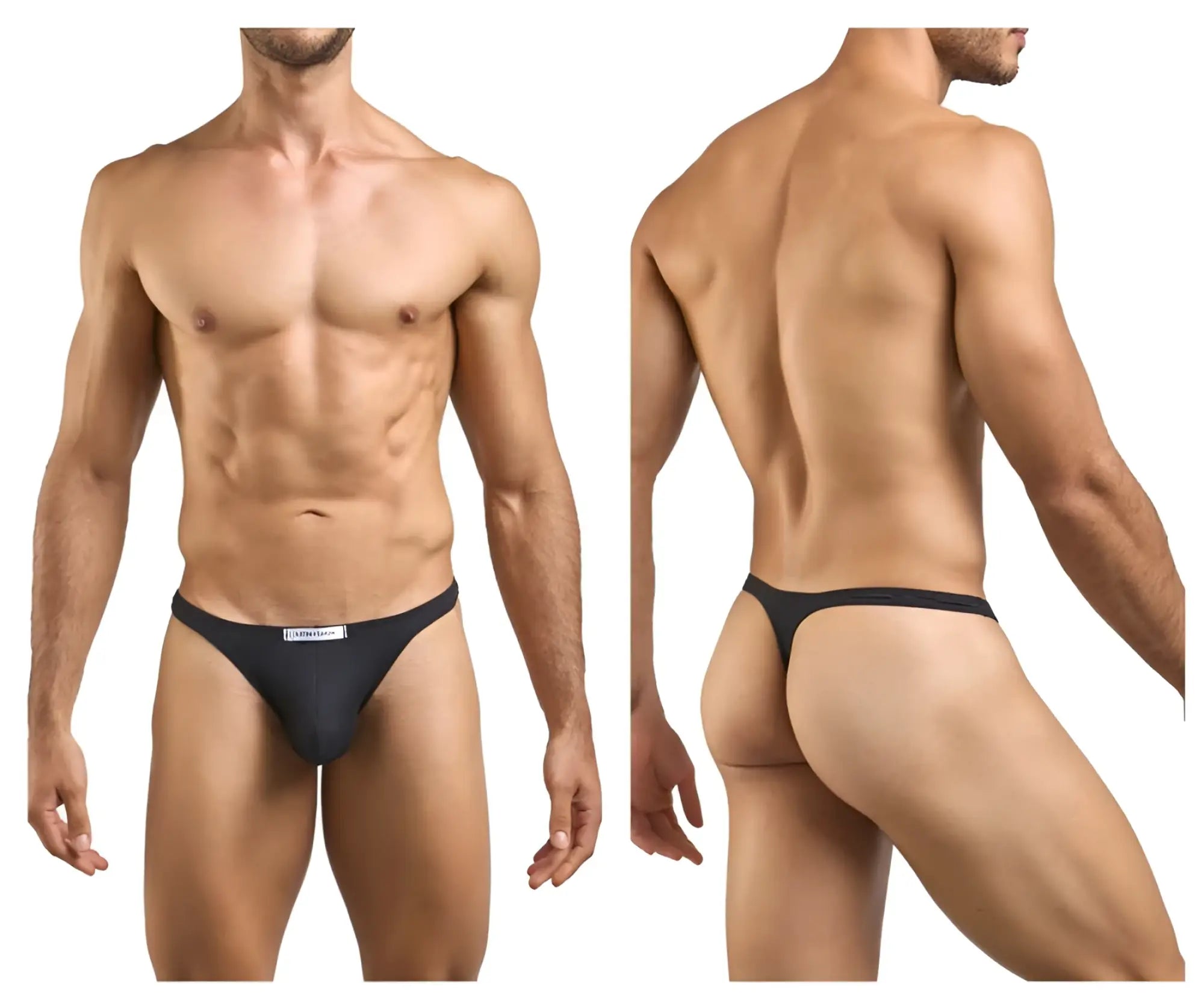 Black thong briefs with a white label at the front from Justin Simon XSJ03 classic thongs in peach black color