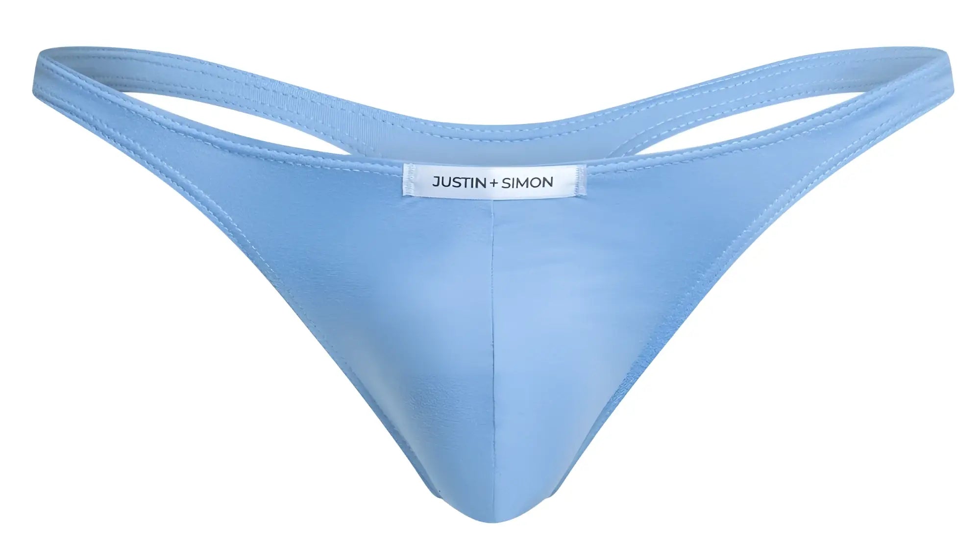 Light blue justin simon thong in smooth stretchy fabric with minimalist design from justin simon classic thongs collection