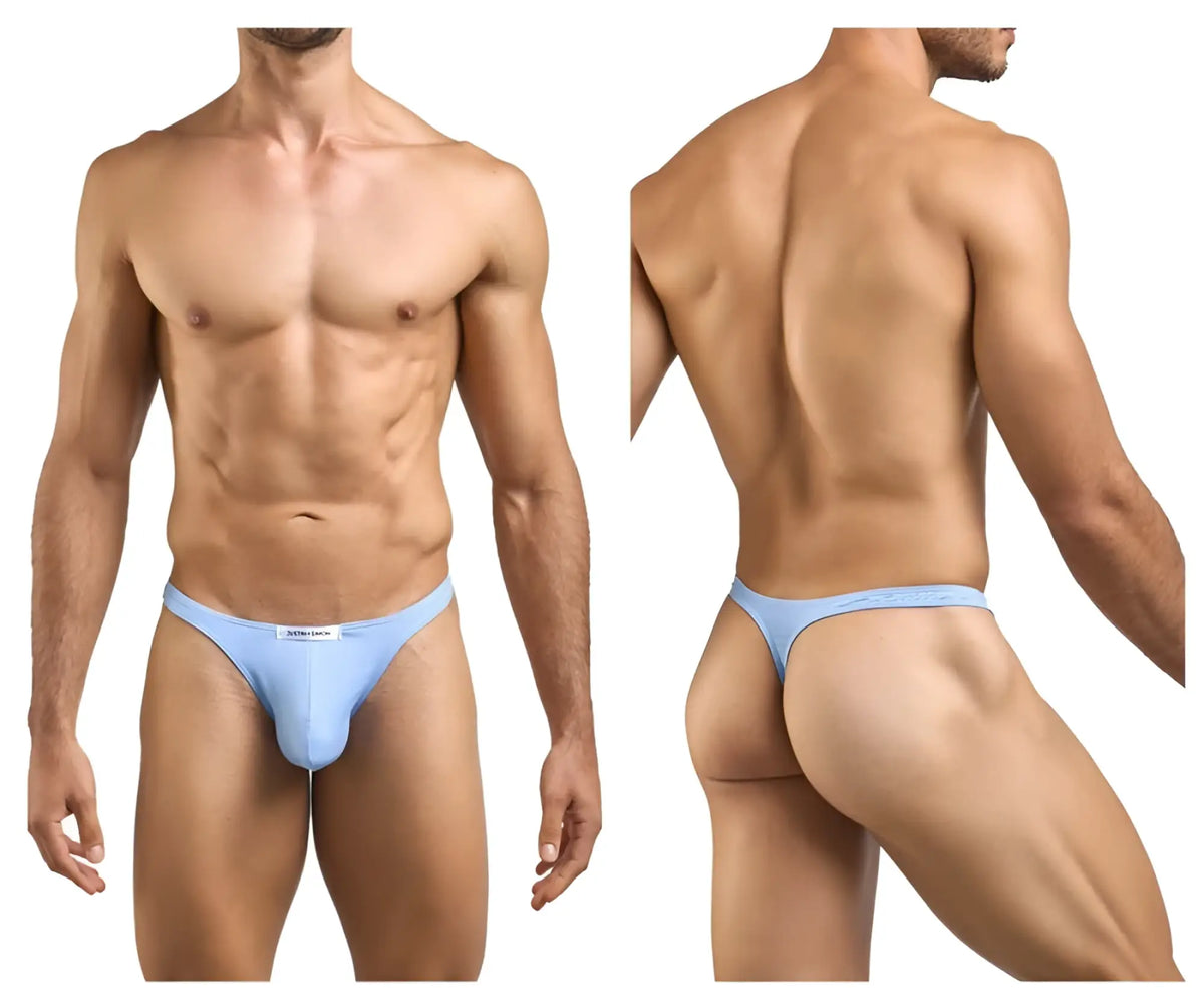 Light blue form-fitting thong underwear with subtle brand tag front in justin+simon xsj03 classic thongs peach blue