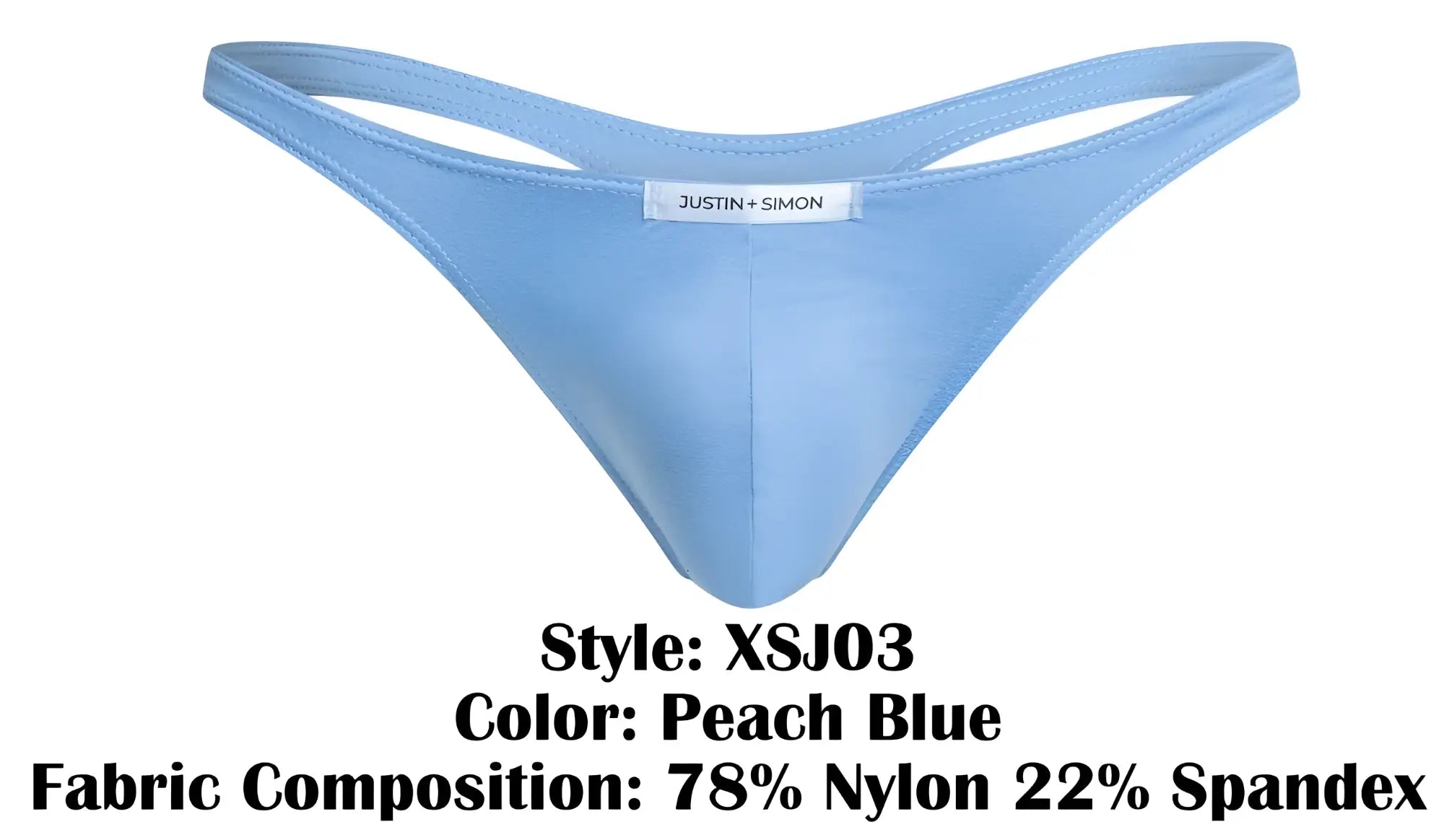 Peach blue thong by justin and simon made of 78 nylon and 22 spandex classic design shown from the back side