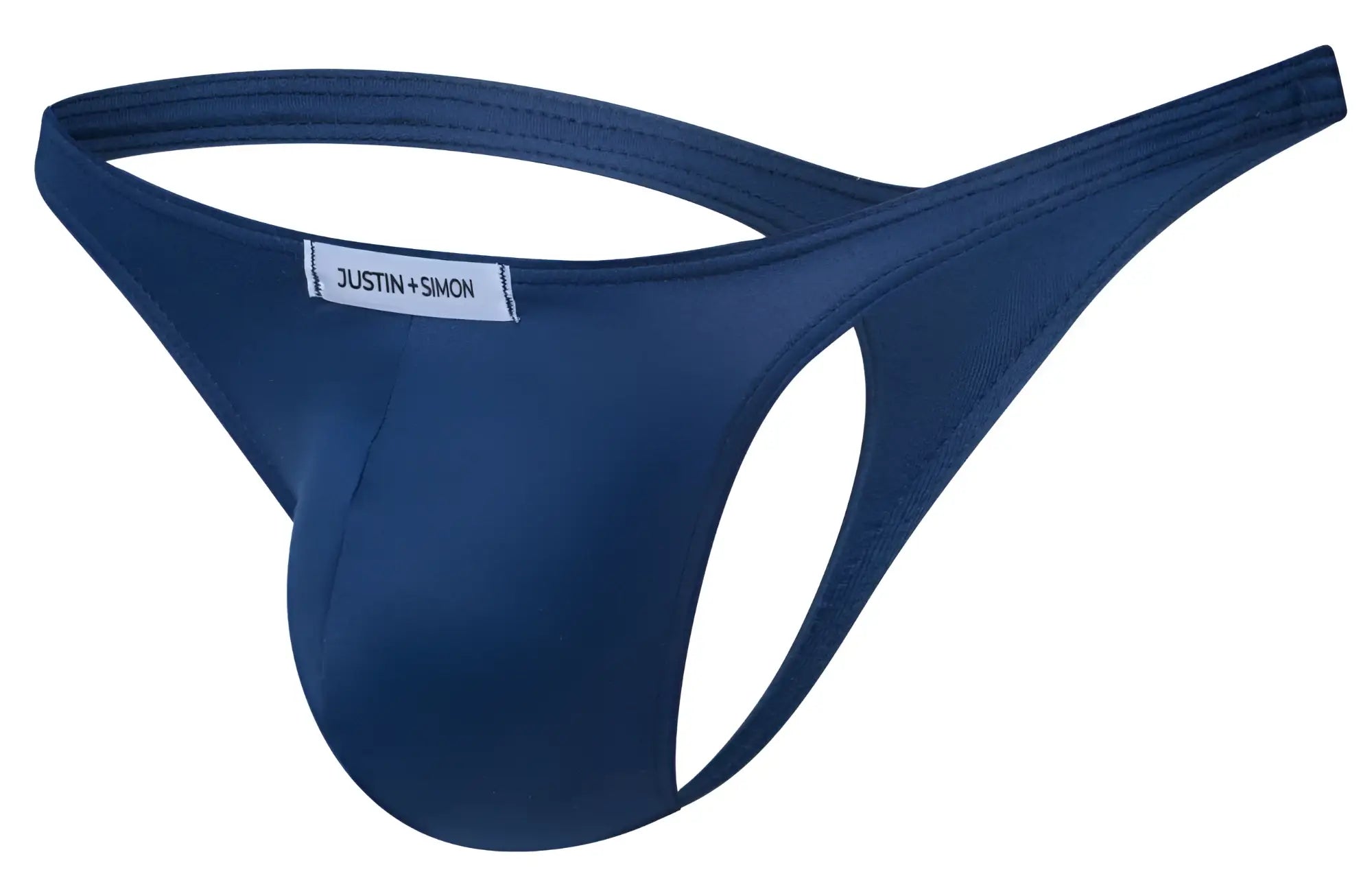 Navy blue justin simon thong made of smooth stretchable fabric with a sleek minimalist design front view