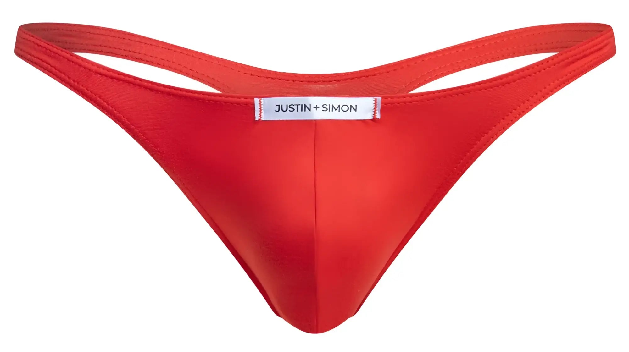 Bright red smooth satin-like fabric thong with white justin simon brand label classic peach red color