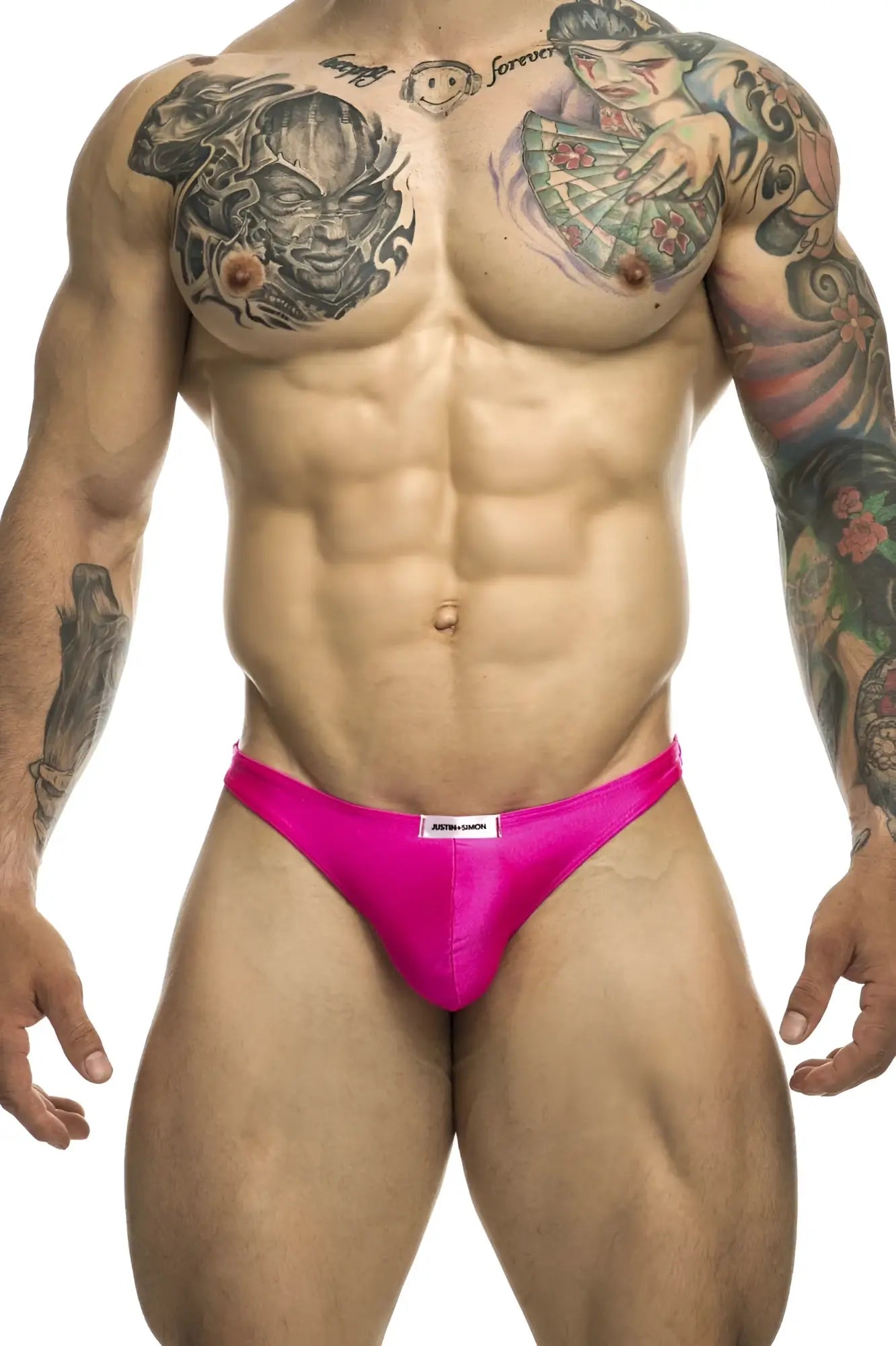 Bright pink satin briefs with a white brand tag at the waistband from JUSTIN+SIMON XSJ03 classic thongs collection