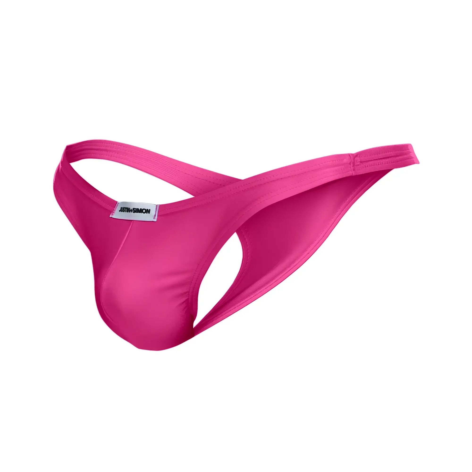 Bright pink seamless fabric thong by JUSTIN+SIMON with a branded label for comfortable everyday wear
