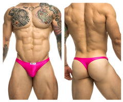 Justin+Simon xsj03 classic thongs in vibrant fuchsia satin with sleek form-fitting design and white brand tag at waistband