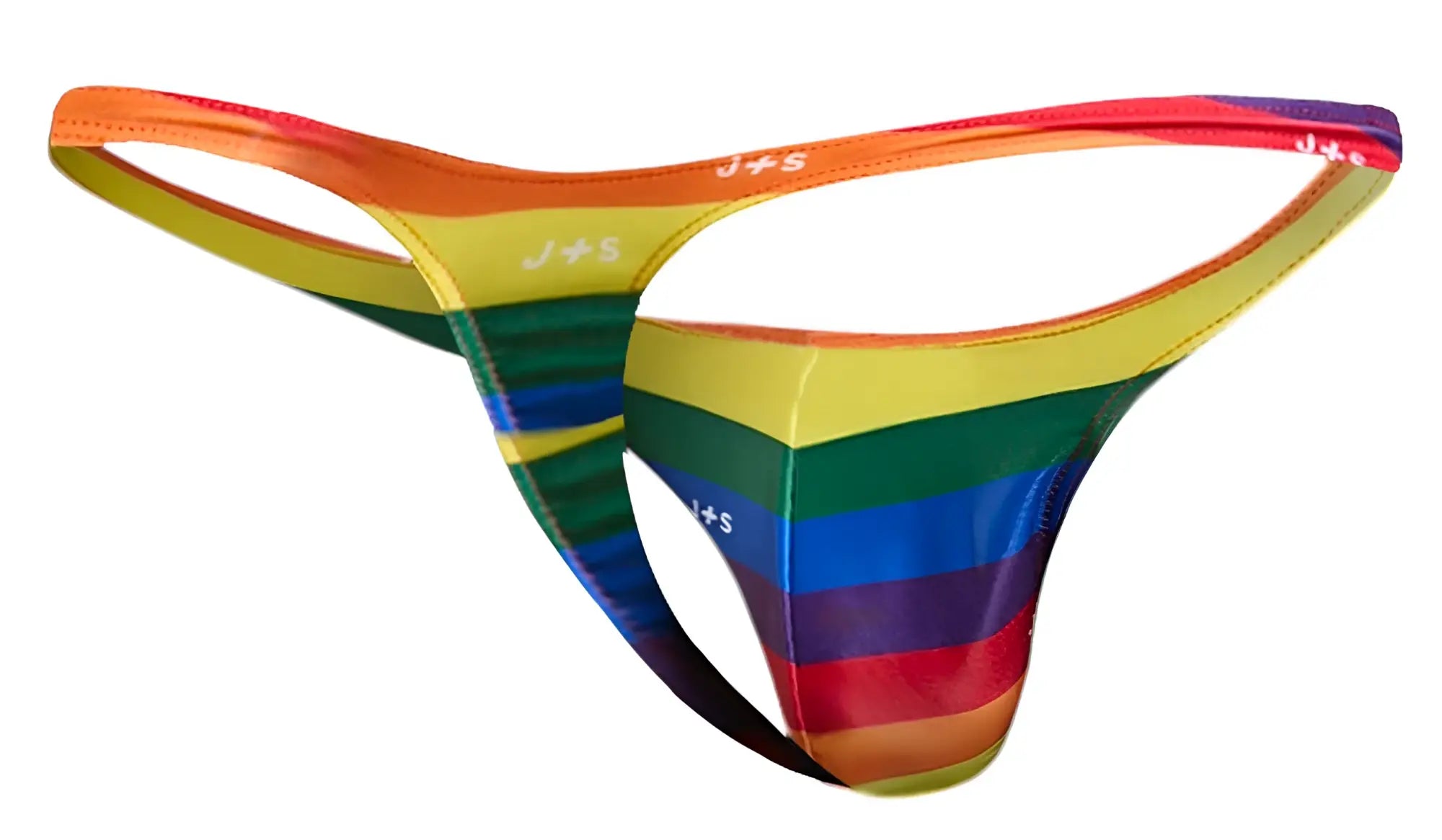 Justin Simon classic thong in rainbow-striped latex with j+s branding featuring pride flag colors