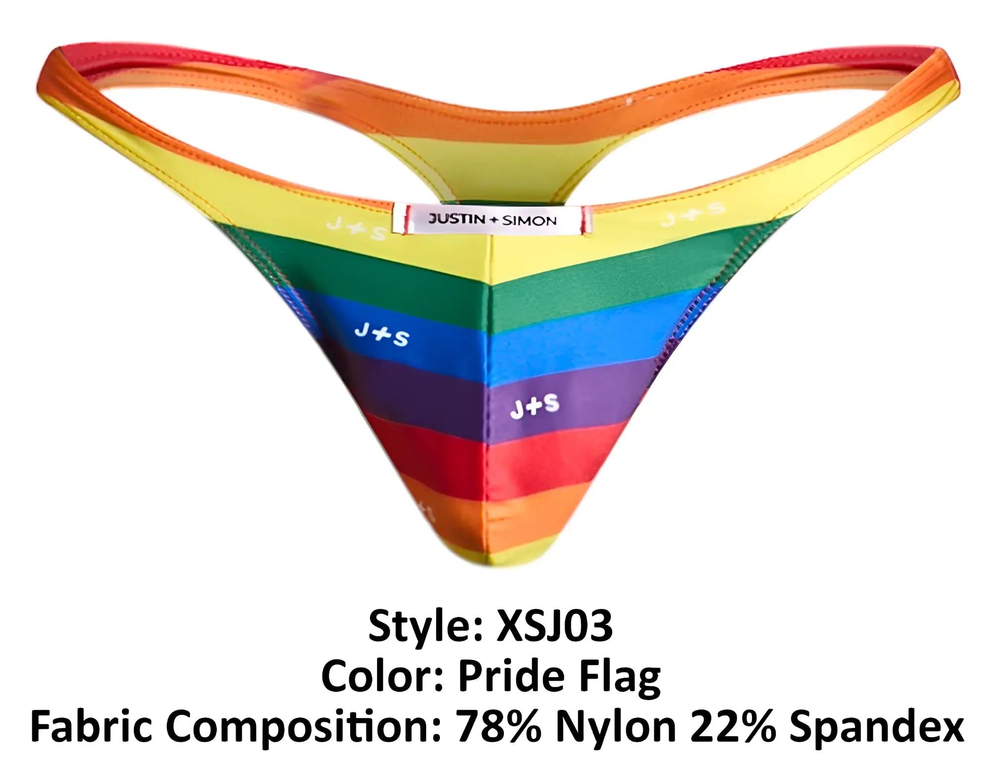 Rainbow-striped thong in pride flag colors made from 78 nylon 22 spandex with j+s branding by justin+simon