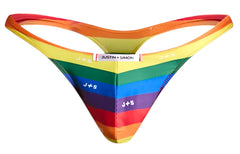 Rainbow-striped thong by justin + simon with vibrant horizontal pride flag colors in classic xsj03 style