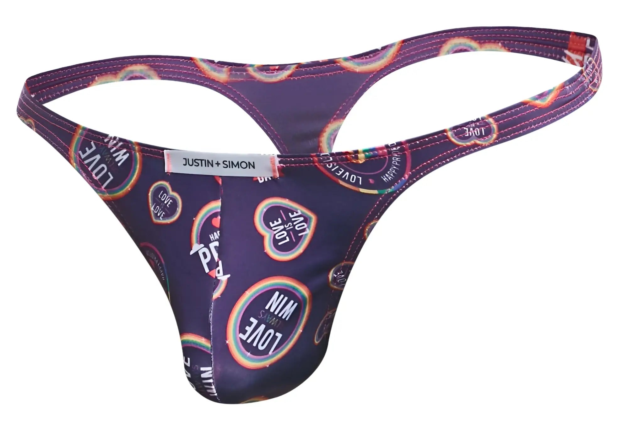 Purple justin plus simon classic thong with rainbow and love heart designs and white brand tag in pride colors