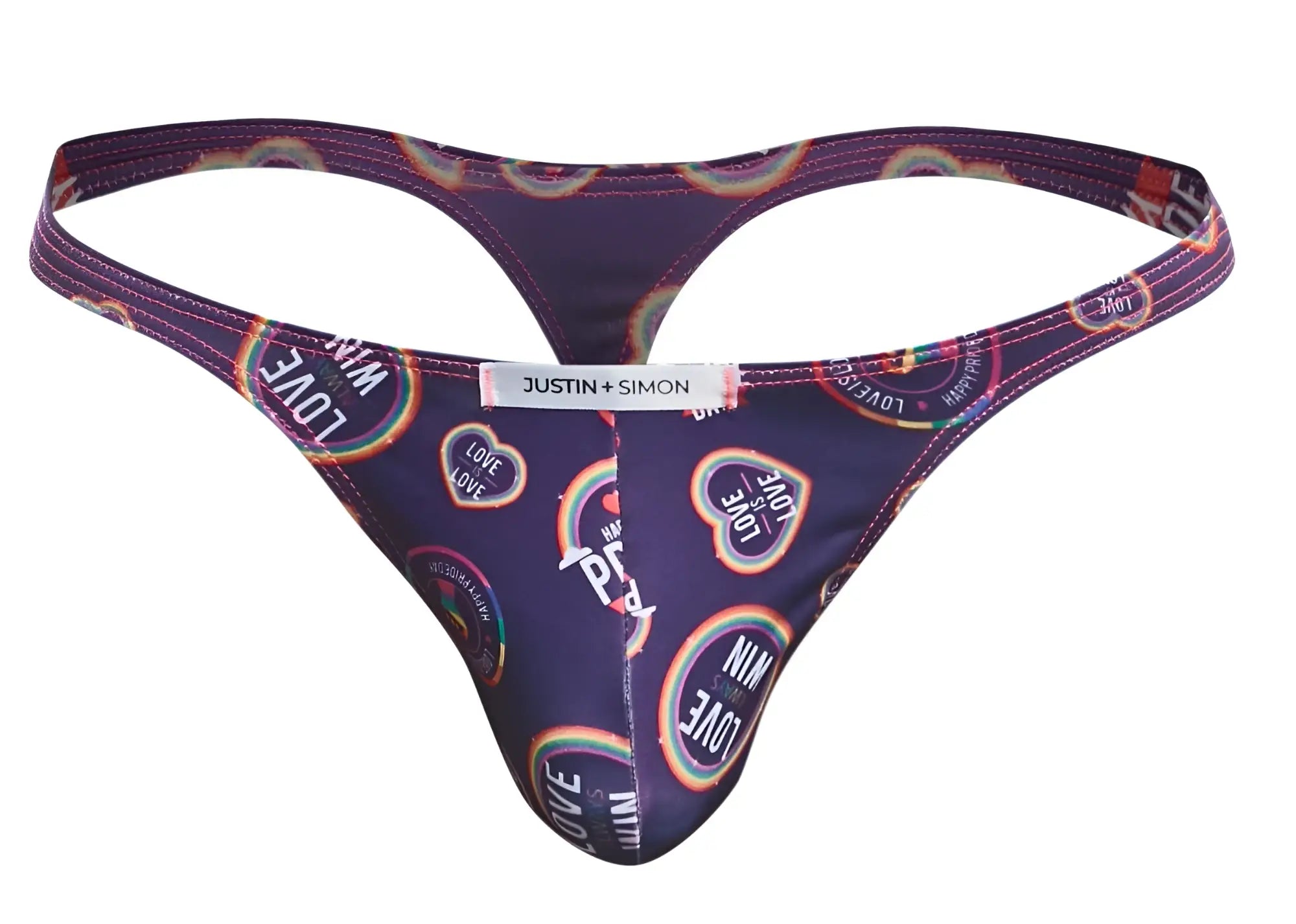 Purple justin + simon classic thong with rainbow love heart designs and white brand tag in color pride collection