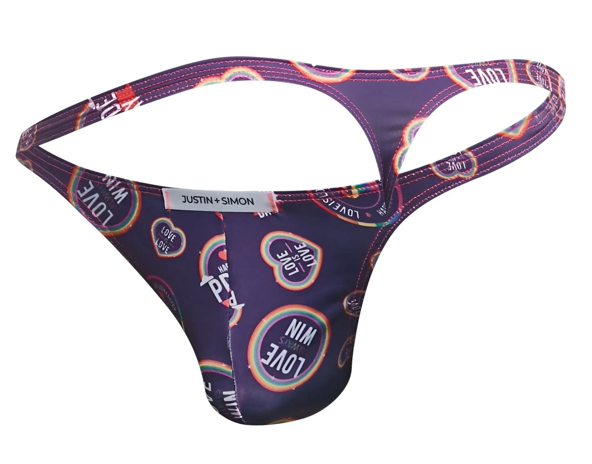 Purple thong with vibrant rainbow and love text pattern featuring justin simon brand label from classic color pride collection