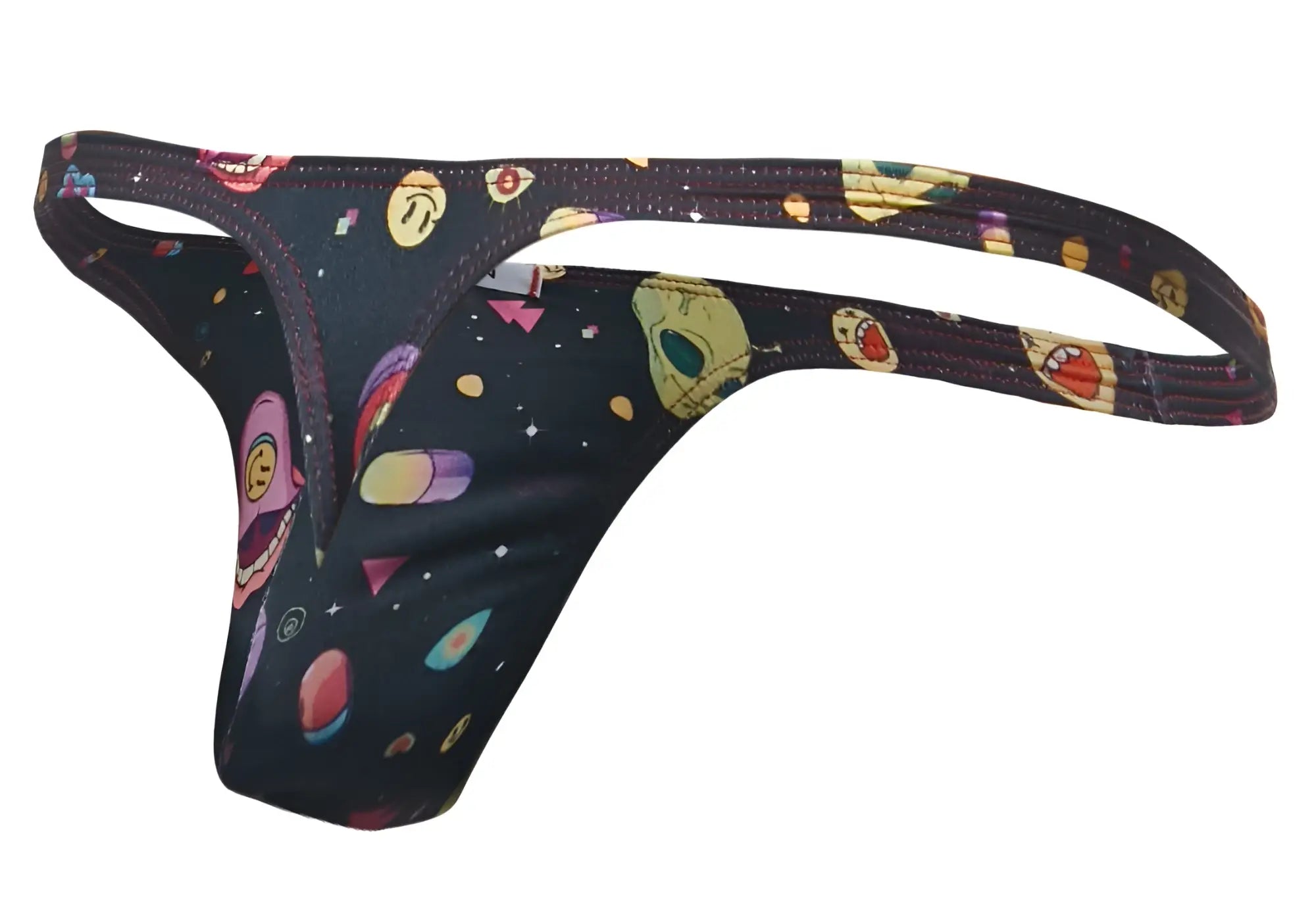 Justin plus simon xsj03 classic black thong with a colorful cosmic design of cartoon skulls planets and stars