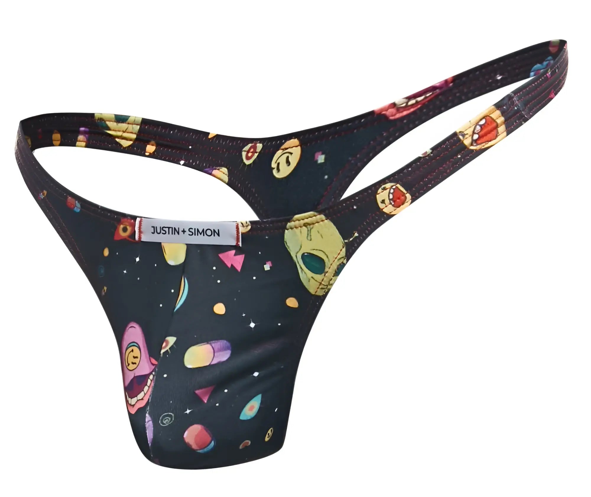 Black thong with vibrant space-themed cartoon aliens and planets print in bright pink yellow green and purple colors