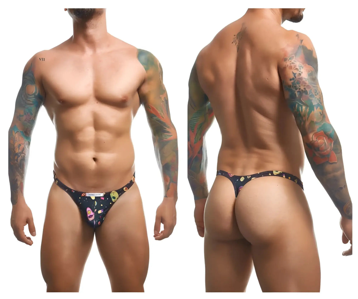 Dark blue justin simon xsj03 classic thong with vibrant space themed planets stars and colorful cosmic pattern