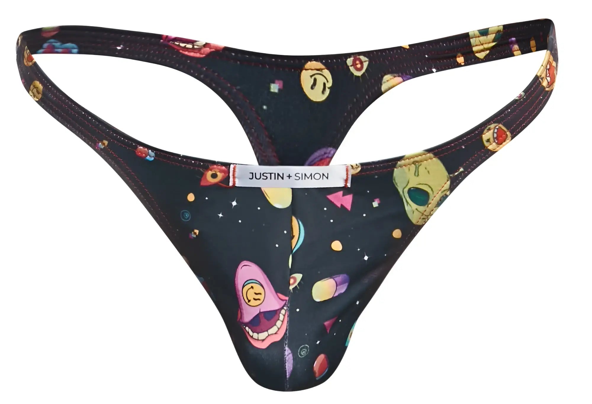 Justin simon xsj03 classic thong with dark space-themed print of colorful cartoon skulls planets and stars on stretchy fabric