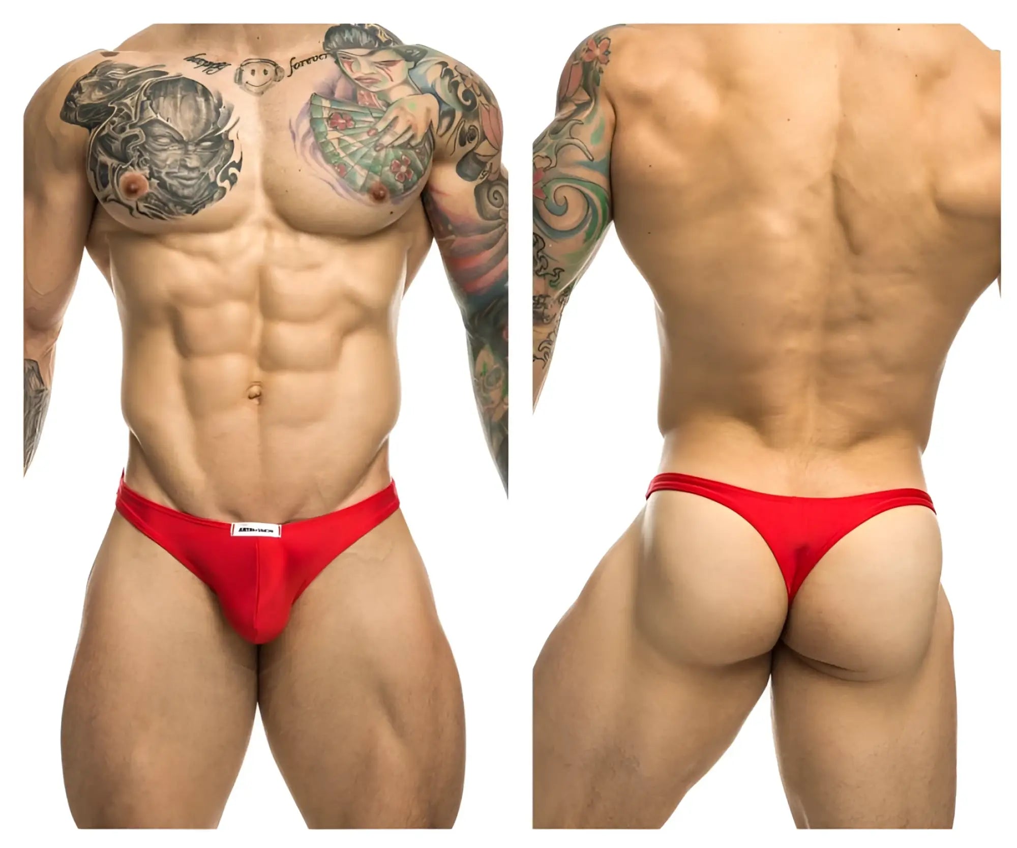 Red justin simon athletic briefs with white brand tag at waistband featuring classic thong design and comfortable fit