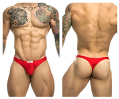Red justin simon athletic briefs with white brand tag at waistband featuring classic thong design and comfortable fit