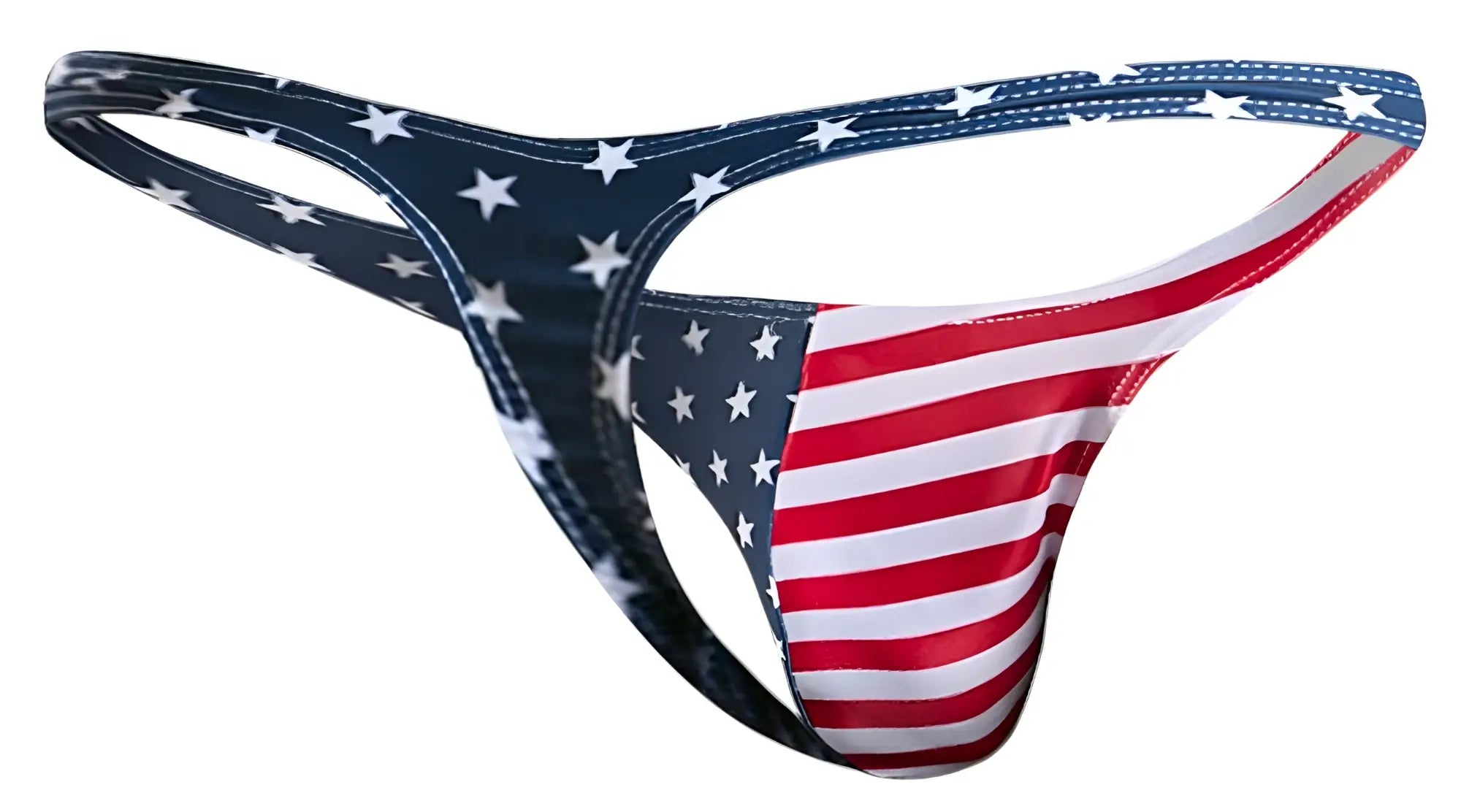 Justin simon xsj03 classic thong in american flag colors red white and blue showing the back side of the product