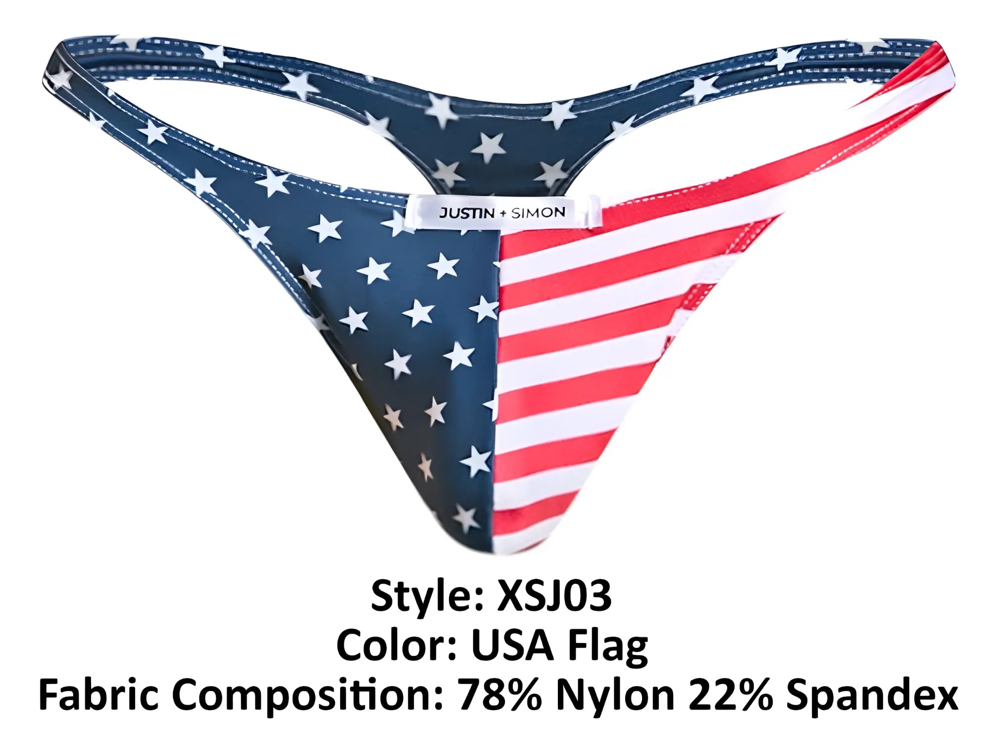 Justin Simon xsj03 classic thong with blue and red usa flag pattern white stars made of 78 nylon 22 spandex