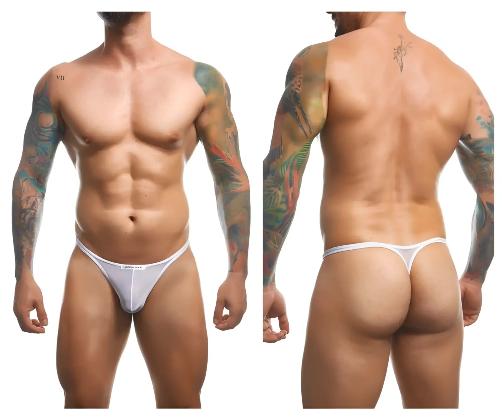 White mesh classic thong from JUSTIN SIMON with a subtle brand logo on the waistband shown from the back side