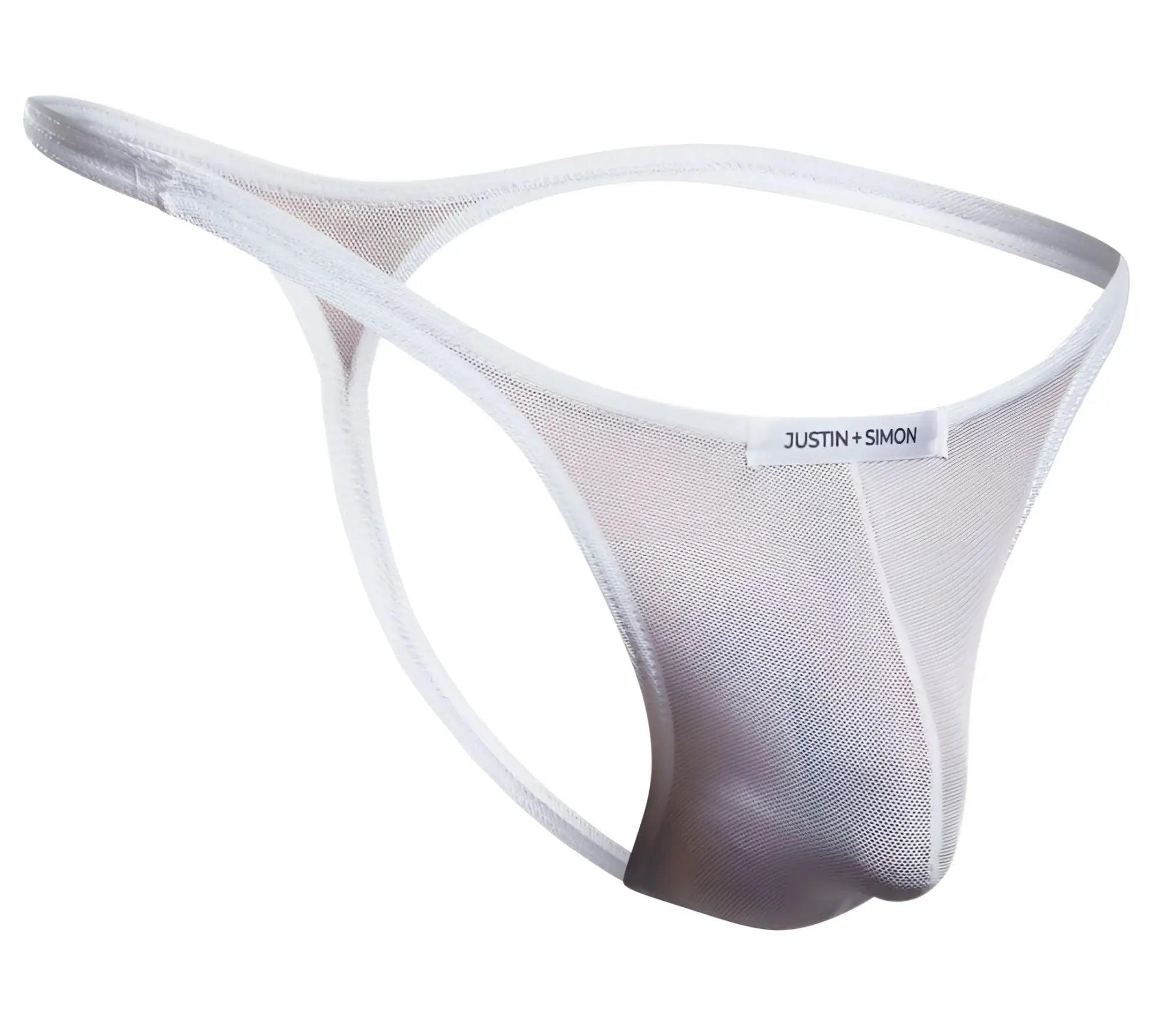 White mesh thong with subtle gradient effect and justin simon label on waistband from justin simon xsj03 classic thongs