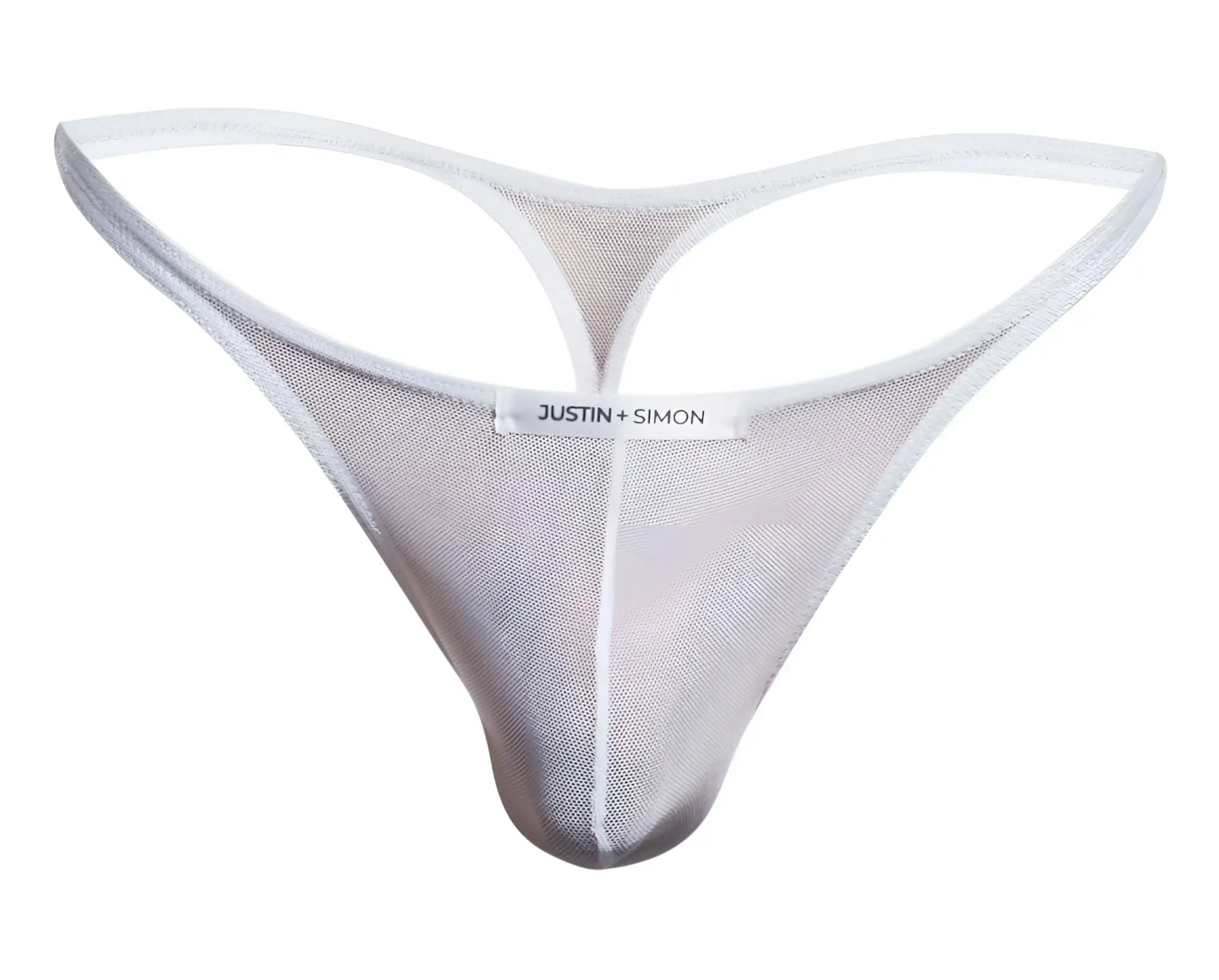 Transparent silver mesh thong with white trim and justin simon label in classic xsj03 white mesh design