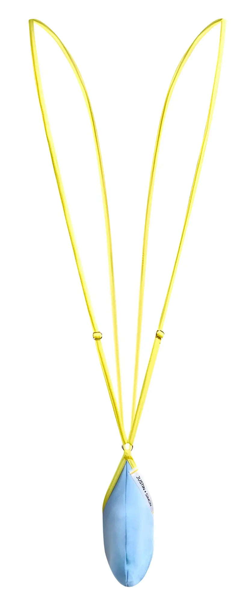A light blue teardrop-shaped sling pendant with bright yellow cord and metallic beads from justin simon xsj04