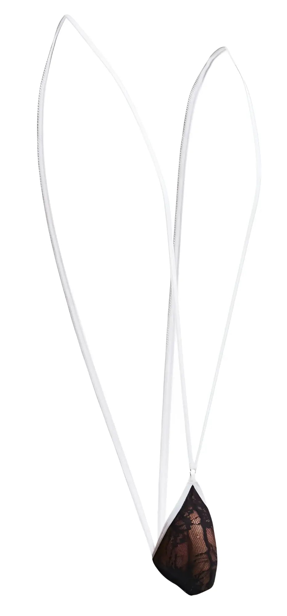 Black lace pendant necklace with teardrop design and white cord in justin+simon xsj04 sling color black lace model