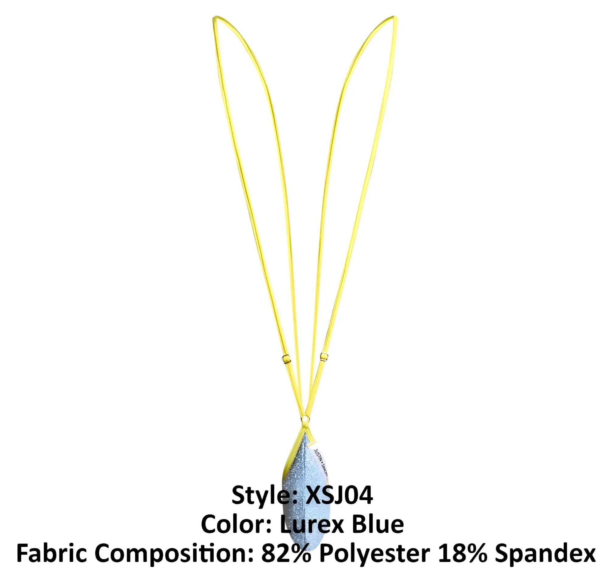 Justin simon xsj04 sling featuring a shimmering lurex blue feather pendant on a bright yellow cord