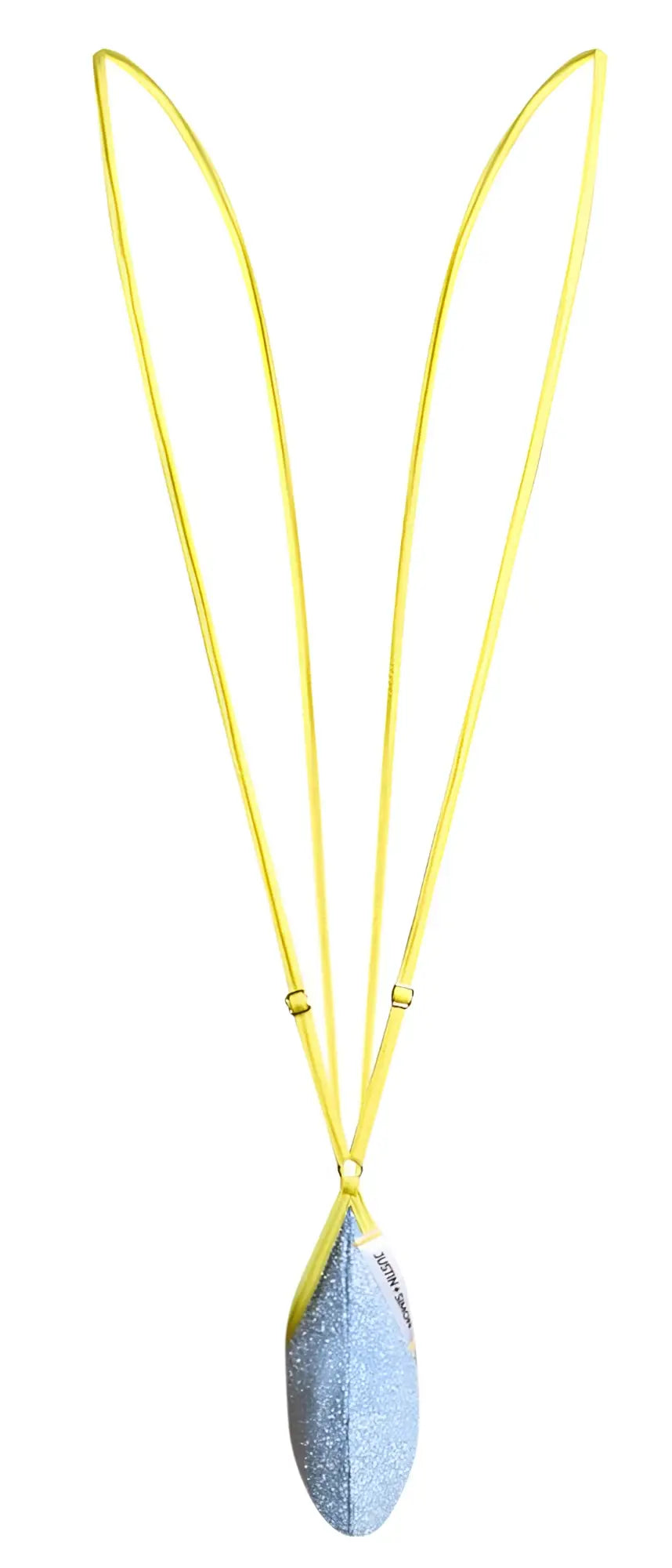 Justin simon xsj04 sling color lurex blue necklace with vibrant yellow cord and glittery light blue feather pendant