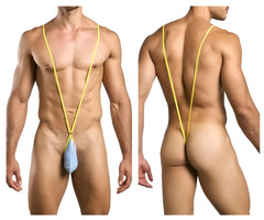 Yellow stringed men’s swimwear with blue lurex textured pouch front by justin+simon xsj04 sling color lurex blue
