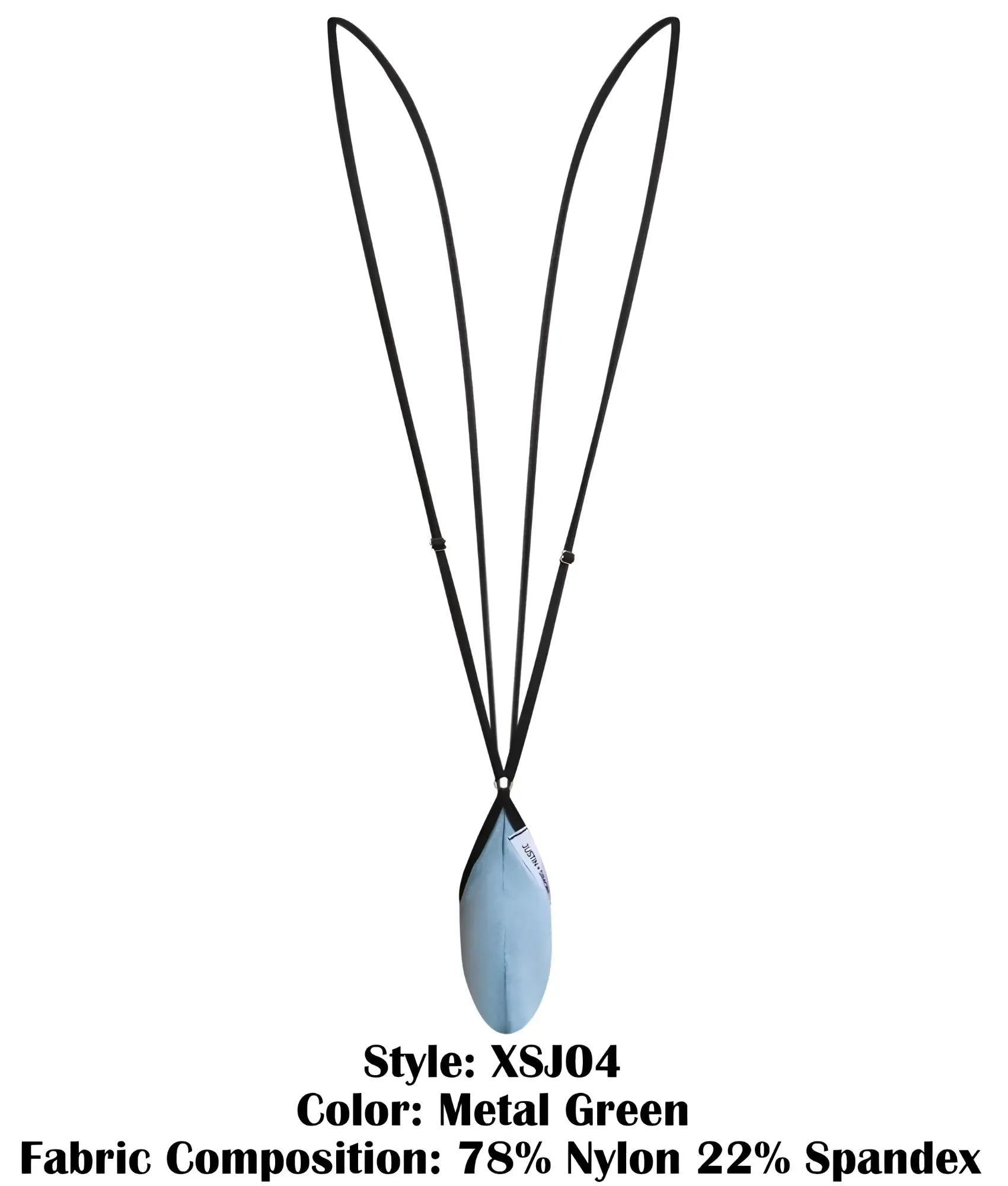 Metal green feather-shaped pendant on a black cord made of 78 nylon and 22 spandex from JUSTIN+SIMON XSJ04 Sling Color Metal Green